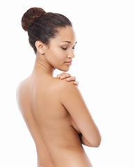 Image showing Woman, back and naked in studio for skincare, peace and happy with treatment by white background. Female person, face and wellness or cosmetics and dermatology, beauty and body care or confidence