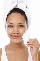 Image showing Woman, portrait and cotton pad for skincare, beauty or cosmetics product with dermatology results in studio. Face of African person or model with hygiene wipe for facial makeup on a white background