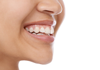 Image showing Woman, teeth and mouth for dental care, hygiene or treatment against a white studio background. Closeup of female person or model smile in satisfaction for oral, gum and tooth whitening on mockup