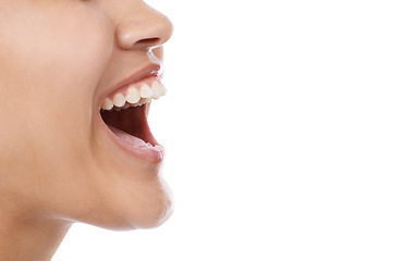 Image showing Person, teeth and mouth for dental care, hygiene or treatment against a white studio background. Closeup of woman or model smile in satisfaction for oral, gum and tooth whitening on mockup space