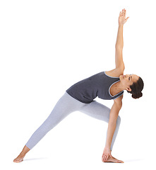 Image showing Yoga, stretching and young woman on a white background for fitness, workout and exercise with holistic wellness or muscle health. Flexible, young person with pilates practice and balance in studio