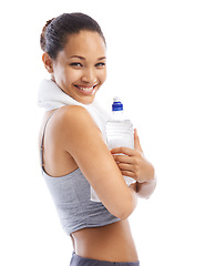 Image showing Woman, workout and water bottle in studio for health, wellness and exercise or fitness break. Portrait of young happy person or sports model with liquid for energy and training on a white background