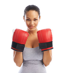 Image showing Happy woman, portrait and boxer ready for fight competition against a white studio background. Female person or professional with boxing gloves for self defense, power or challenge in sport fitness