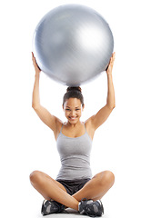 Image showing Happy woman, portrait and sitting with exercise ball for fitness, balance against a white studio background. Female person smile in body workout or training for core strength, health and wellness