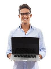 Image showing Technician, computer screen and portrait in studio for presentation, information technology solution or software update. Professional man on laptop mockup for technical services on a white background