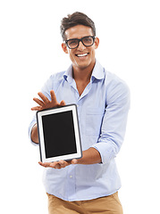 Image showing Man, show tablet screen and space in studio for e learning website, presentation or online education. Portrait of teacher or professor with digital technology for registration on a white background