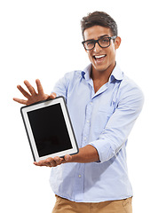 Image showing Business man, tablet mockup screen and website, online presentation or stock market software in studio. Portrait of excited trader on digital technology with news of trading app on a white background