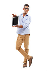 Image showing Happy man, tablet screen and mockup in studio for e learning website, presentation or online education. Portrait of teacher or professor with digital technology for registration on a white background