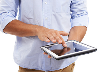 Image showing Man, tablet and hands scroll on screen, social media post and download ebook app in studio on white background. Closeup, model and digital technology for web network, subscription and online shopping