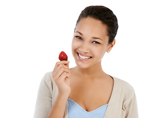 Image showing Portrait, woman and strawberry fruits in studio for healthy detox, vegan diet and eco nutrition on white background. Happy model eating red berries for sustainable benefits, vitamin c and sweet food