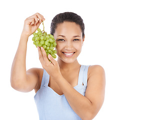 Image showing Happy, portrait or woman with grapes in studio for wellness, nutrition or detox on white background. Face, smile or female nutritionist with fruit for healthy eating, diet or cleanse with sweet snack