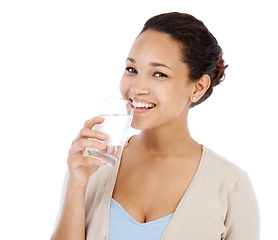 Image showing Portrait, woman and drinking water in studio for healthy nutrition, diet and detox on white background. Happy model with refreshing glass of liquid, aqua and h2o for benefits, hydration and vitamins