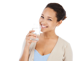 Image showing Portrait, happy woman and drinking water in studio for healthy nutrition, diet and detox on white background. Thirsty model with refreshing glass of liquid, aqua and benefits of hydration with mockup