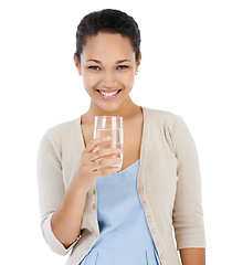 Image showing Portrait, woman and smile in studio for drinking water, healthy nutrition and detox on white background. Thirsty model with refreshing glass of liquid, aqua and benefits of hydration for clean diet