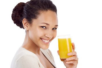 Image showing Smile, portrait or woman with orange juice in studio for wellness, nutrition or detox on white background. Face, happy or female nutritionist with glass of vitamin C, supplement or health fruit drink