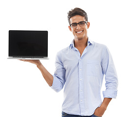 Image showing Business man, laptop screen and portrait in studio for presentation, information technology solution or software update. Professional worker on computer mockup for tech services on a white background