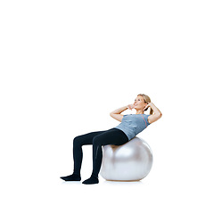 Image showing Happy woman, ball or sit up in studio mockup space for workout, wellness or mobility exercise. Slim female athlete training, smile or fitness for core strength or body challenge on white background