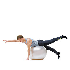 Image showing Stretching on ball, man or balance in studio mockup for workout, wellness or exercise on white background. Flexible athlete, training equipment or fitness for core challenge, body mobility or space