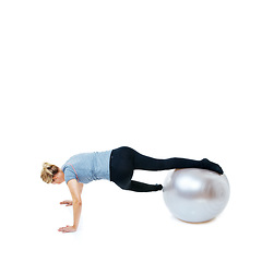 Image showing Woman, ball or balance in studio mockup for workout, wellness or mobility exercise on white background. Athlete, training equipment or fitness for core challenge, stretching body or flexibility space