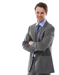 Image showing Business, arms crossed and studio portrait of happy man with lawyer experience, legal career and mockup space. Law firm expert, advocate and attorney confident in government job on white background