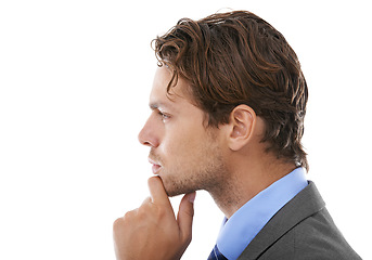 Image showing Face profile, thinking and business man ideas for problem solving solution, corporate planning or company decision. Mockup studio space, work choice and agent question why on white background