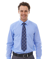 Image showing Happiness, studio portrait and business man with lawyer experience, legal career or confident in justice vocation. Law, advocate and corporate attorney pride in government job on white background