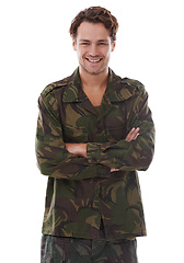 Image showing Military, arms crossed and smile with portrait of man in studio for war, conflict and patriotism. Army, surveillance and security with person on white background for soldier, battlefield and veteran