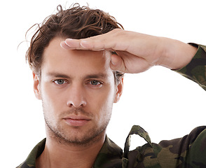 Image showing Military, army and salute with portrait of man in studio for war, conflict and patriotism. Warrior, surveillance and security with person on white background for soldier, battlefield and veteran