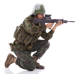 Image showing Military, shooting and sniper with man and gun in studio for war, conflict and warrior. Army, surveillance and security with person and rifle on white background for soldier, battlefield or veteran