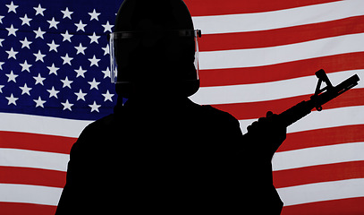 Image showing Army, silhouette and usa with soldier and gun in studio for war, military service or patriotic. Armed forces, hero and veteran with person on American flag background for battle, training and courage