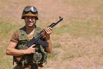 Image showing Military, smile and gun with portrait of man in nature for war, conflict and patriotic. Army, surveillance and security with person and rifle training in outdoors for soldier, battlefield and veteran