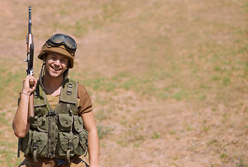 Image showing Military, mockup and gun with portrait of man in nature for war, conflict and patriotism. Army, surveillance and security with person and rifle training for soldier, battlefield and veteran space