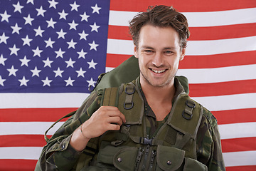 Image showing Military, flag and usa with portrait of man in studio for war, conflict or patriotic. Army, surveillance and security with person and American recruitment for soldier, battlefield or veteran training