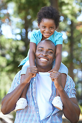 Image showing Child, happy father in portrait and piggyback outdoor, care or bonding together. Face, African dad carrying kid and smile in nature, family play in forest or park, love of parent and summer vacation