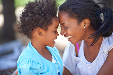 Image showing Kid, love or mother hiking in nature or forest to relax or bond on a summer holiday vacation trip. Child, black family or happy African mom in park or woods trekking on outdoor adventure with care