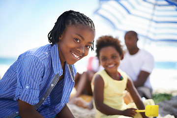 Image showing Portrait, black person and child on beach with family for adventure, holiday or vacation in summer. African kid, face and smile outdoor in nature for break, experience or bonding with relationship