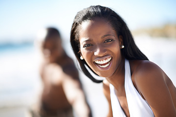 Image showing Happy, portrait and black woman at beach for travel, freedom and fun with husband in nature. Love, face and African couple on adventure for bonding, holiday or romantic summer vacation in Los Angeles