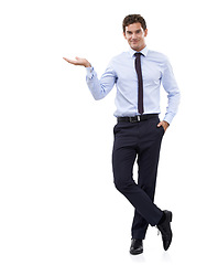 Image showing Entrepreneur, portrait and choice in hand with mockup, space and white background in studio. Confident, businessman or gesture show option with information, advice or presentation of recommendation