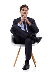 Image showing Business, thinking and portrait of man on a chair in studio for problem solving on white background. Planning, solution and face of male entrepreneur with questions, why or brainstorming idea gesture
