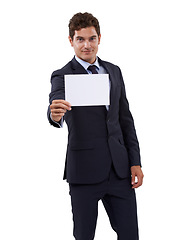 Image showing Business man, poster space and presentation for advertising opportunity, news or information in studio. Portrait of a boss or corporate person with career paper or mockup on a white background
