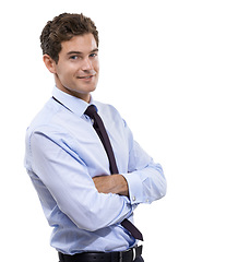 Image showing Businessman, arms crossed and portrait for happy as corporate professional and career in studio mockup. Person, face or confident in management in smile or about us for accountant by white background