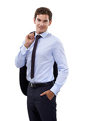 Image showing Portrait, smile and a business man in a suit isolated on a white background for his professional career. Corporate, work or job with a confident young person in a shirt and tie as an employee