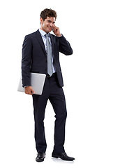 Image showing Laptop, phone call and business man in studio for consulting, advice or client feedback on white background. Smartphone, conversation and male salesman online for networking, sales or communication