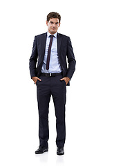 Image showing Confident, businessman and portrait with hands in pocket and corporate professional for career pride in studio mockup. Person, face and management for mission and attorney boss by white background