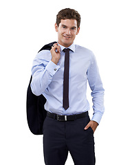 Image showing Shoulder, businessman and portrait for jacket with corporate professional and career pride in studio mockup. Person, face and management in formal suit and attorney in confidence by white background