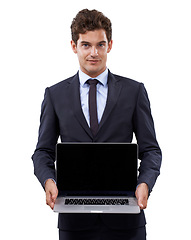 Image showing Confident, businessman and portrait by laptop screen and corporate professional with technology for studio mockup. Person, face and computer in hands for entrepreneur, digital and white background