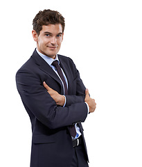 Image showing Businessman, arms crossed and portrait in studio as corporate professional and law career in pride. Person, face and smile for management, formal suit and about us for accountant by white background