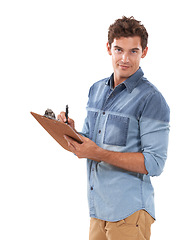 Image showing Man, portrait and clipboard in studio with writing, pen and confident as creative professional in start up. Person, face and notes for happy in career as entrepreneur, fashion and white background