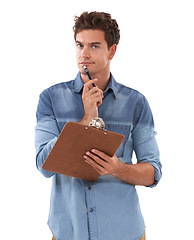 Image showing Man, portrait and clipboard in studio for thinking, pen and confident as professional in start up. Person, face or idea for checklist in business for inspection, planning decision or white background