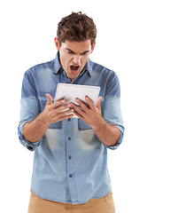 Image showing Tablet, news and shocked man shouting in studio for hacker notification, scam or cyber security fail on white background. Digital, problem and model frustrated by 404, mistake or email spam crisis